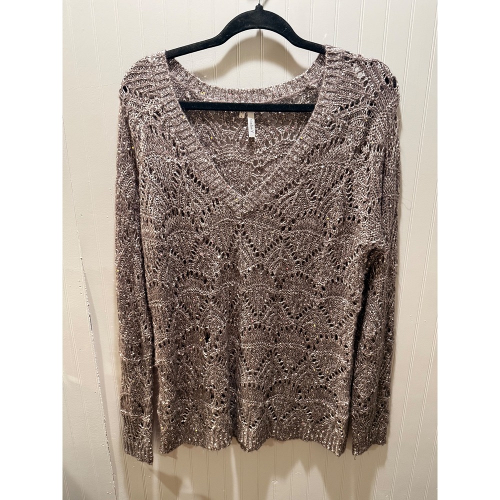 Studio Y Womens Sequin Open Knit V-Neck Sweater Taupe Brown Metallic Large